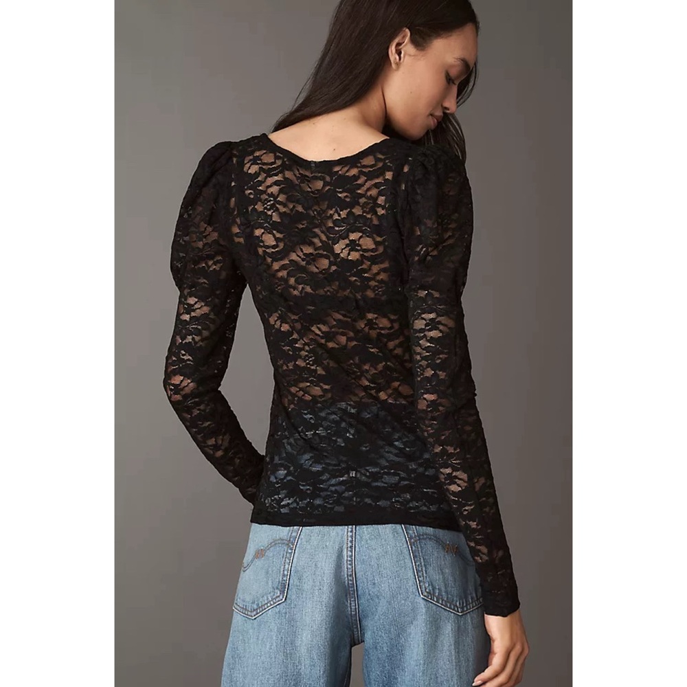 Anthropologie Puff-Sleeve Sheer Lace Top Blouse in Black Onyx Size S NWT - Picture 2 of 13